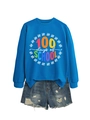 Detail of bright blue 100 Days of School sweatshirt with counting marks and denim shorts - Lake Blue Sweatshirt (White Graphic)