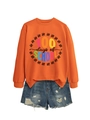 Detail showing orange '100 days of SCHOOL' sweatshirt with distressed denim shorts - Orange Sweatshirt (Black Text Graphic)