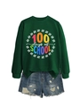 Close-up of 100 days of SCHOOL print on green sweatshirt and distressed denim shorts - Dark Green Sweatshirt (White Text)