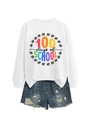 Flat lay of a white 100 Days of School sweatshirt paired with distressed denim shorts - White Sweatshirt (Black Text)