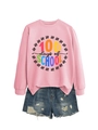 Pink 100 Days of School sweatshirt detail with distressed denim shorts and colorful print - Pink Sweatshirt (Black Text)