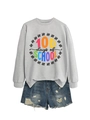 Detail of light gray 100 Days of School sweatshirt with blue distressed denim shorts - Grey Sweatshirt (Black Text)