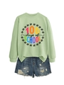 Detail of light green sweatshirt with 100 Days of School print and denim shorts - Olive Green Sweatshirt (Black Text)
