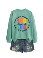 Flat lay of mint green 100 Days of School sweatshirt with distressed denim shorts - Light Green Sweatshirt (Black Text)