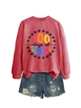 Detail of red 100 Days of School sweatshirt paired with blue distressed denim shorts - Red Sweatshirt (Black Text)