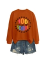 Detail of orange 100 Days of School sweatshirt and ripped denim shorts outfit - Burnt Orange Sweatshirt (Black Graphic)