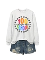Flat lay of a grey school sweatshirt and ripped denim shorts with fringe details - Off-white Sweatshirt (Black Graphic)