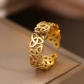 Polished gold stainless steel open ring with Celtic Triquetra knot geometric cutout design - Gold Celtic Knot Style(F1827) / Gold