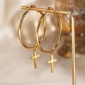 Gothic 18k gold plated stainless steel hoop earrings with cross pendants on a display - Gold Style (C9579)