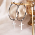 Pair of silver stainless steel hoop earrings with polished cross pendants on a gold display - Silver Style (C9580)