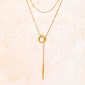 Double-layered gold stainless steel necklace with circle and rectangular bar pendants - Gold Style (C9789)