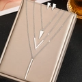 Polished stainless steel geometric jewelry set with layered necklace and triangle earrings - Silver Style (C9608)