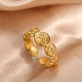 Fashionable gold-tone stainless steel open ring with textured circular geometric design - Gold Style (F1353)