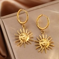 Boucles d'oreilles créoles en acier inoxydable doré 18K avec motif de visage de soleil - Style Soleil Doré (F209)