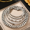 Vijfdelige zilveren roestvrijstalen gelaagde armbandset met Cubaanse en slangenkettingen - Zilveren Stijl (N3246)