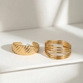 Adjustable gold plated stainless steel ring set with twisted and multi-layer line designs - Gold Twisted Multi-Layer Line Ring Set (C8765)