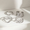 Set of four minimalist silver stainless steel open rings with twisted and geometric designs - Silver Geometric Four Piece Set Style (C8642)