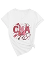 Detail of CNA heart graphic print on women's white V-neck nursing assistant t-shirt - White (CNA Print)