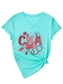 Detail of light blue V-neck CNA t-shirt with heart, stethoscope, and nurse hat prints - Deep Water Blue (CNA Print)