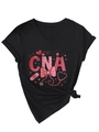 Detail of black V-neck CNA t-shirt featuring nurse hat graphics and side-knot hem detail - Black (CNA Print)