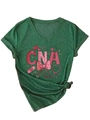 Close-up of pink CNA heart medical icons on dark green V-neck short sleeve shirt - Vintage Green (CNA Print)