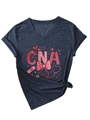 Detail of V-neck nursing T-shirt showing CNA medical heart graphics and navy blue fabric - Navy Blue (CNA Print)