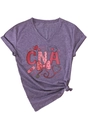 Detail of purple V-neck CNA t-shirt with nursing icons and heart graphics on plain background - Purple (CNA Print)