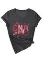 Detail of V-neck grey t-shirt showing CNA medical print and stylish side knot design - Heather Grey (CNA Print)