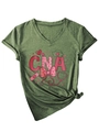 Detail of V-neck dark green CNA nursing t-shirt with heart and stethoscope prints - Olive Green (CNA Print)