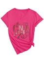 Detail of pink V-neck CNA nurse T-shirt with heart and stethoscope print design - Rose Red (CNA Print)