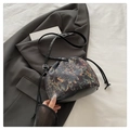 Vintage floral bucket bag with drawstring closure and black leather shoulder strap - Green Peony