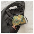 Artistic drawstring bucket bag featuring landscape print silk and black leather straps - Landscape Painting