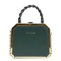 Dark green octagonal box bag with gold metal trim and chic woven top handle design - Dark Green