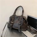 Retro dark brown large tote bag in textured PU leather with metallic ring details - Coffee