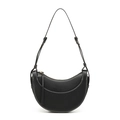 Minimalist black crescent saddle bag with white contrast stitching and leather strap - Black