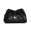 Black woven leather chain shoulder bag with pearl and silver metal pendant detail - Black