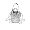 Schicke silberne Eimertasche mit Pailletten, Kordelzug und Ketten-Schulterriemen - Silber