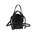 Modische schwarze Pailletten Beuteltasche mit Leder-Kordelzug und langer Metallkette - Schwarz