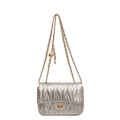 Silver quilted crossbody bag with V-shaped stitching and golden metal chain strap - Silver