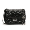 Glossy black quilted crossbody bag with silver chain strap and metal ball ornament - Black