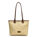 Grande borsa tote in paglia beige con manici in pelle marrone per vacanze al mare - caffè