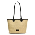 Borsa tote in paglia beige e nero con cinturini in pelle e patch logo centrale - Nero
