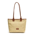 Borsa tote in paglia beige con manici in pelle marrone scuro e trame tessute verticali - Marrone