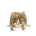 Glänzende goldene Beuteltasche mit Krokoprägung, Fransen und silberner Kette - Gold