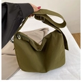 Olive green large capacity nylon crossbody bag with adjustable wide shoulder strap - Green