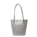 Elegante bolso tipo cubo gris plata metalizado con detalles dorados y cuero PU texturizado - Plateado
