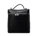 Modern black crocodile embossed tote bag with silver zipper and buckle details - Black