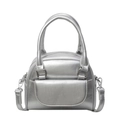 Silver wrinkled metallic handbag with crossbody strap and top handles in white background - Silver