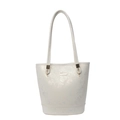 Bolso de hombro tipo cubo plateado minimalista con acabado metálico y herrajes dorados - Blanco Roto