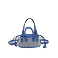 Mini rhinestone drawstring bag with blue leather handles and detachable shoulder strap - Blue